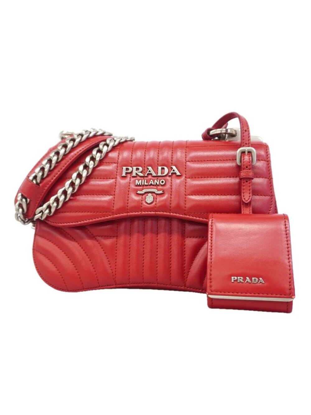 Prada Shoulder Bag Time Lag Leather Red Silver